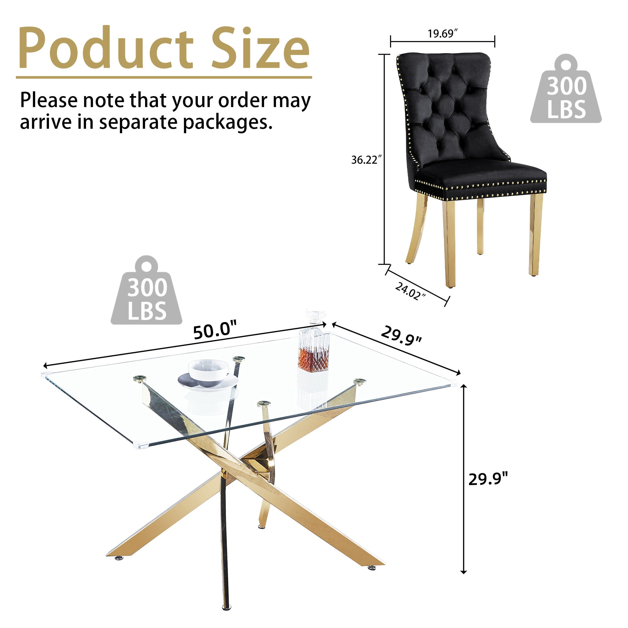 5-Piece Dining Table Set, 50" Modern Rectangular Tempered Glass Table & 4 Tufted Velvet Chairs with Stainless Steel Legs, Dining Set for Kitchen, Office