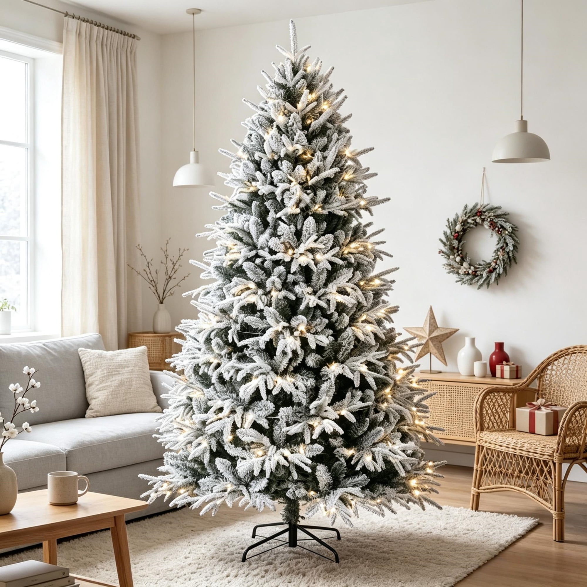 7 ft Pre-Lit Flocked Christmas Tree with 350 Warm White LED Lights, 2679 Tips, Hinged Design, 53.1 in Diameter, Indoor Holiday Decoration