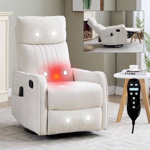 High Back Manual Recliner Chair with Heat & Massage, Swivel Rocker for Living Room Bedroom, Beige