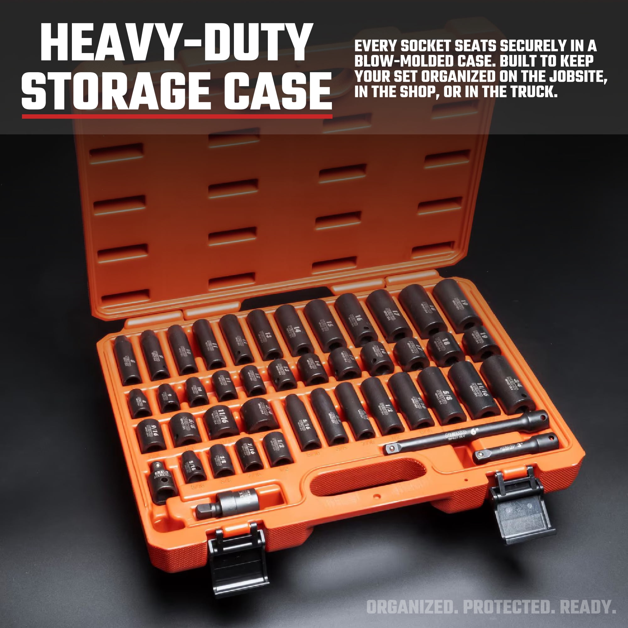NEIKO 02440A 3/8-Inch-Drive Impact Socket Set, SAE Sizes 5/16" to 3/4" and Metric Sizes 8 mm to 19 mm, Includes Extension Bars and U-Joint, 44 Pieces