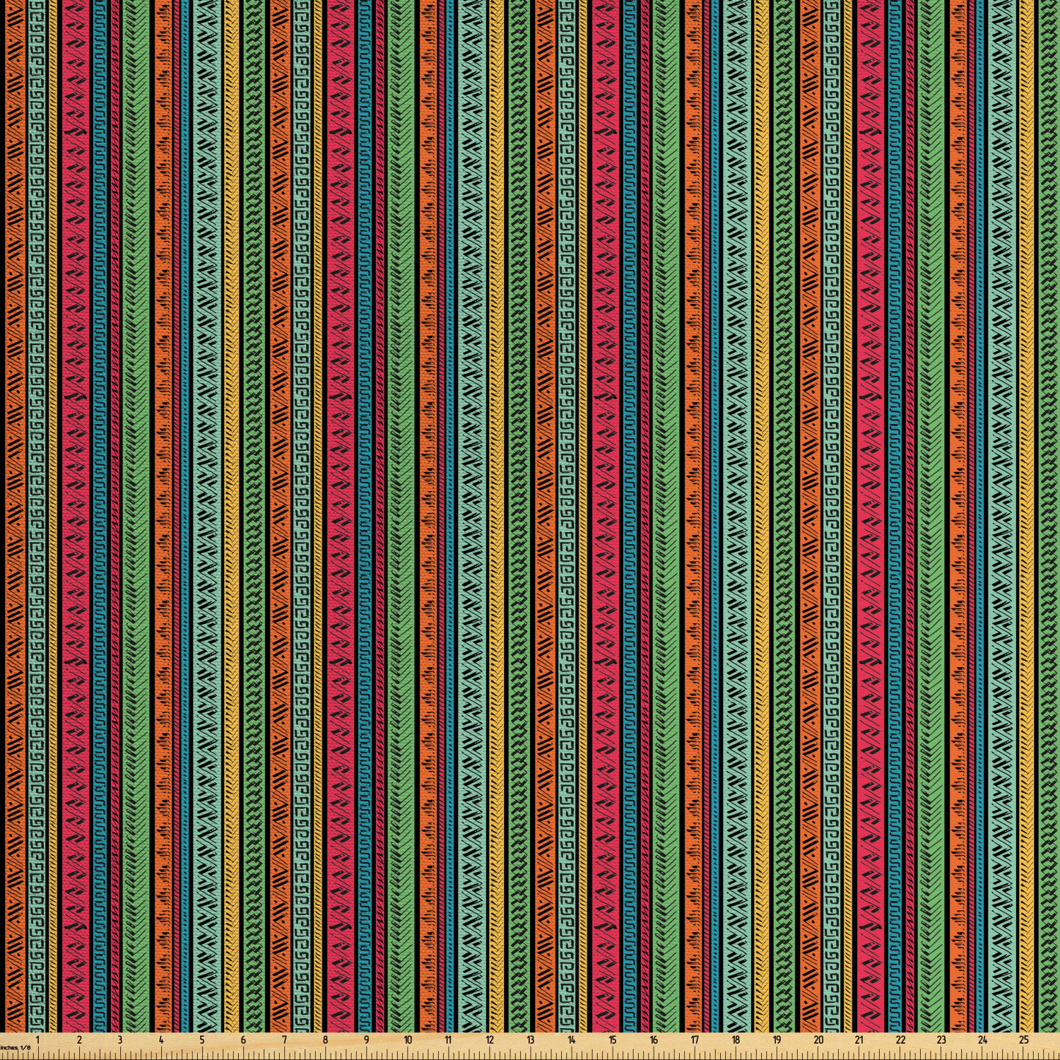 Hippie Fabric by The Yard, Hand Drawn Vertical Borders Colorful Native