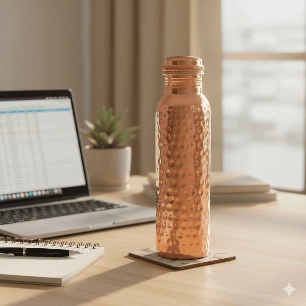 Hammered Copper Water Bottle 1 Liter – Pure Copper Ayurvedic Drinking Bottle for Health, Leak Proof, Handcrafted Design, Detox & Immunity Boost