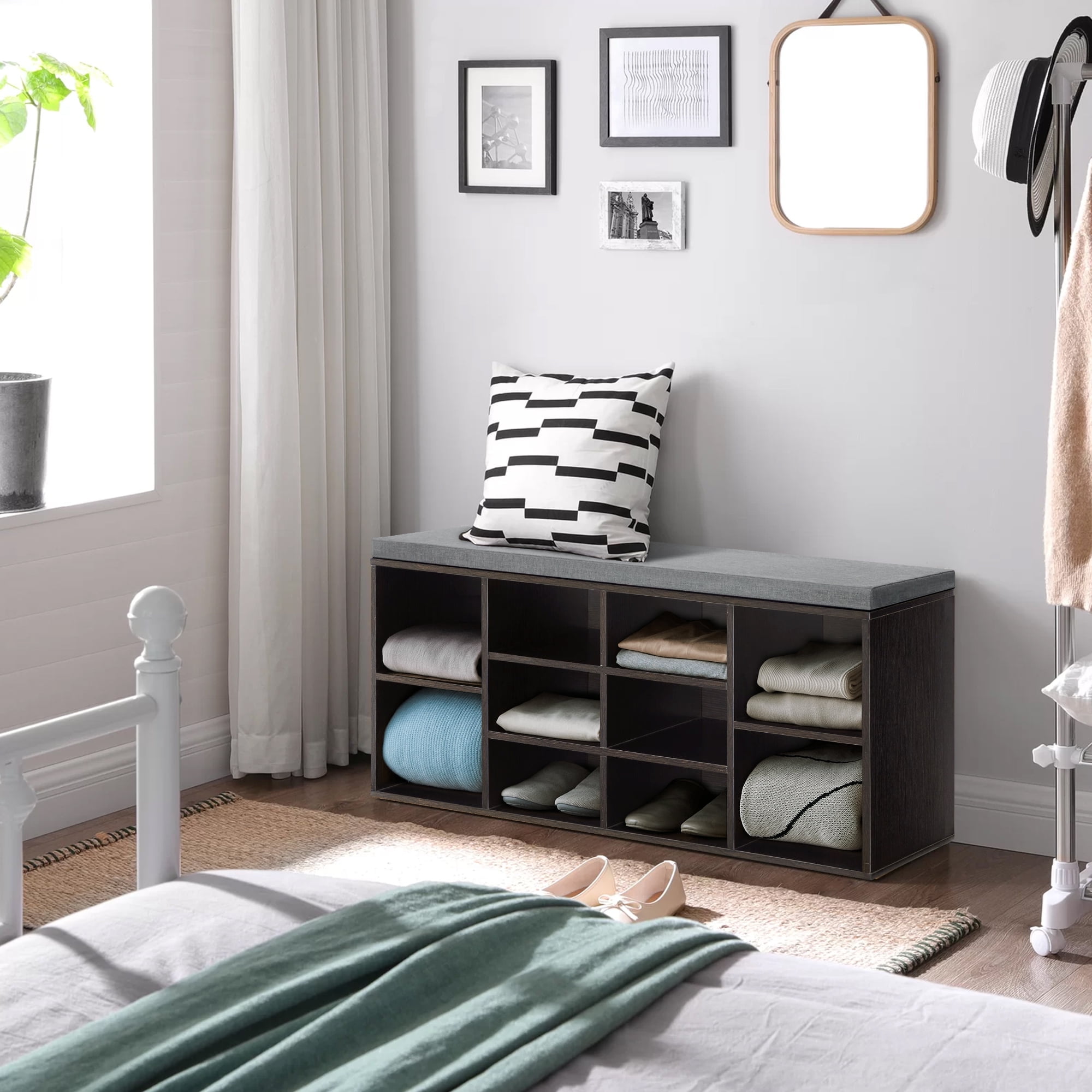 Shoe Bench Storage Bench 10 Compartments Shoe Organizer with 3-Tier Shoe Rack Bench Adjustable Shelves Shoe Shelf for Living Room Entryway Hallway Bedroom