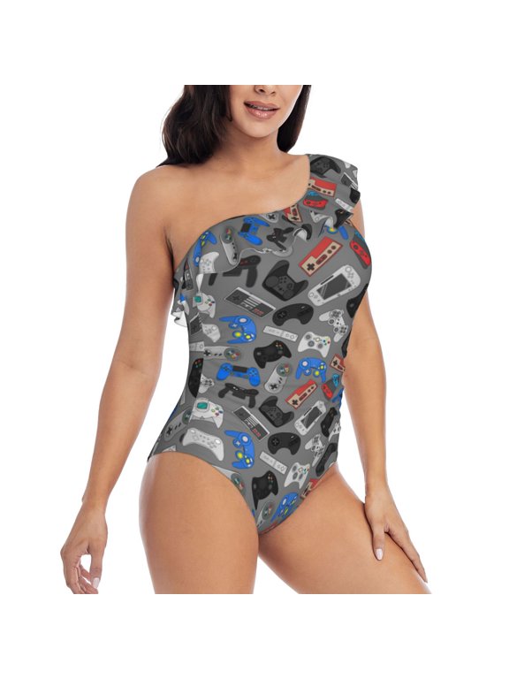 Picia Video Game Pattern Women's One Piece Swimsuits,One Shoulder Swimwear Asymmetric ,Ruffle Monokinis Bathing Suits,High Waisted Flattering Bathing Suits-Small
