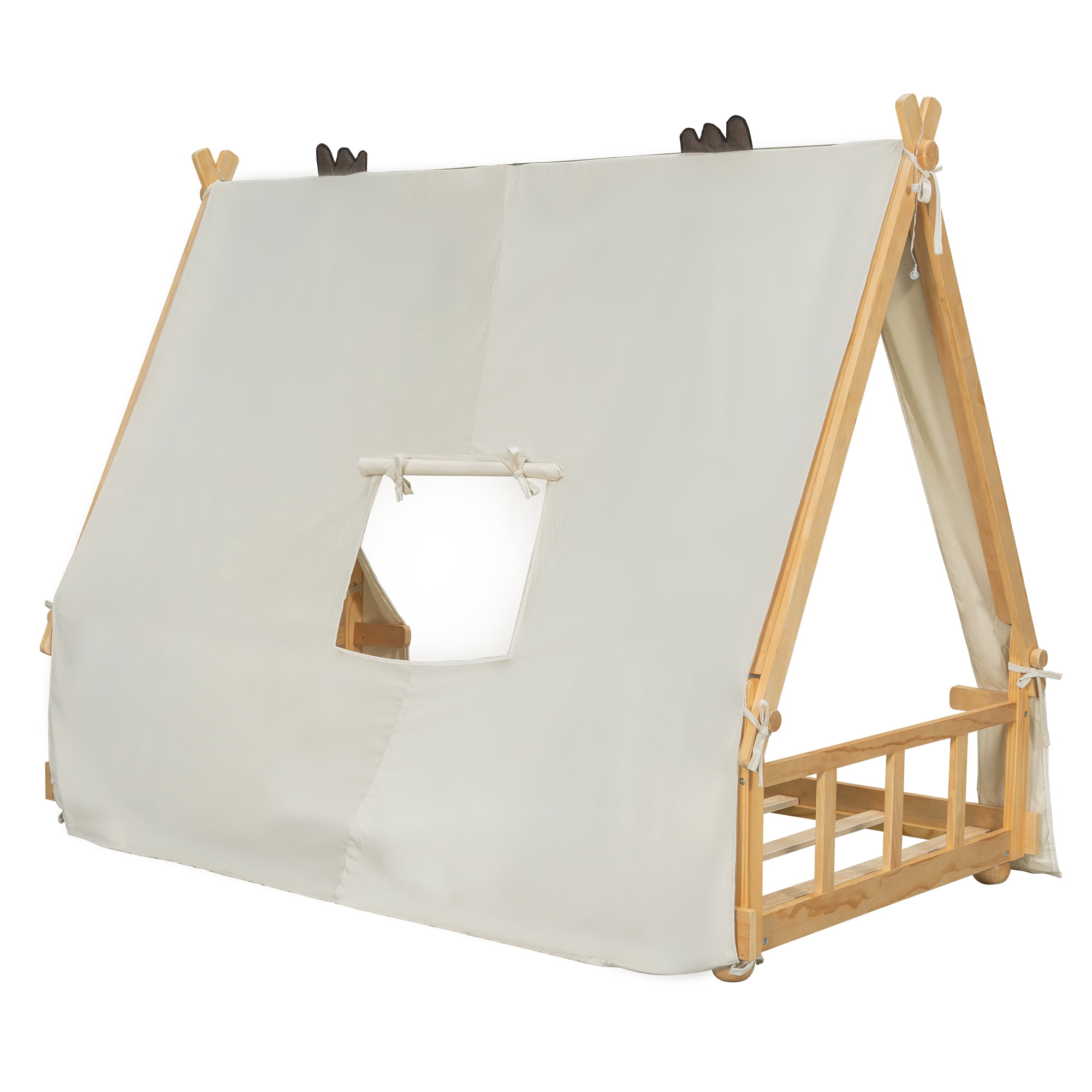 Mintazer Twin Teepee Tent Bed with LED Lights, Kids House Bed with Removable Canopy, Natural