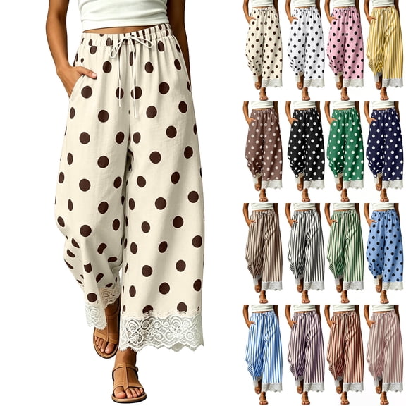 SwiftWear Women Y2K Polka Dots Palazzo Pants High Waisted Drawstring Elastic Waist Lace Trim Wide Leg Pants with Pockets Flowy Casual Trousers