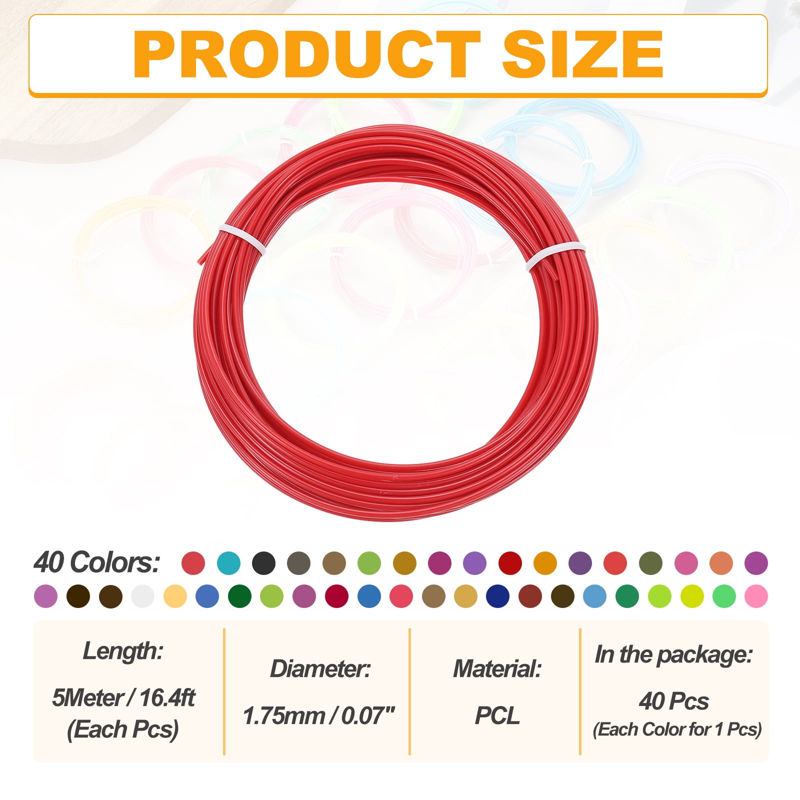 Uxcell 40 Colors 3D Pen Filament, 1.75mm Each 16.4FT, Total 656FT PCL Filament Refills Low Printing Temperature for 3D Drawing Pens