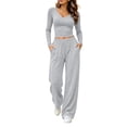 thumbnail image 2 of XRoczxe Women’s 2‑Piece Outfit Set, V‑Neck Long Sleeve Crop Top & Drawstring High Waist Wide Leg Pants with Pockets, 2 of 8