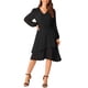 thumbnail image 2 of Vestido midi negro de mujer con cuello en V, de manga larga, con capas y cintura alta, con bolsillos S, 2 of 5
