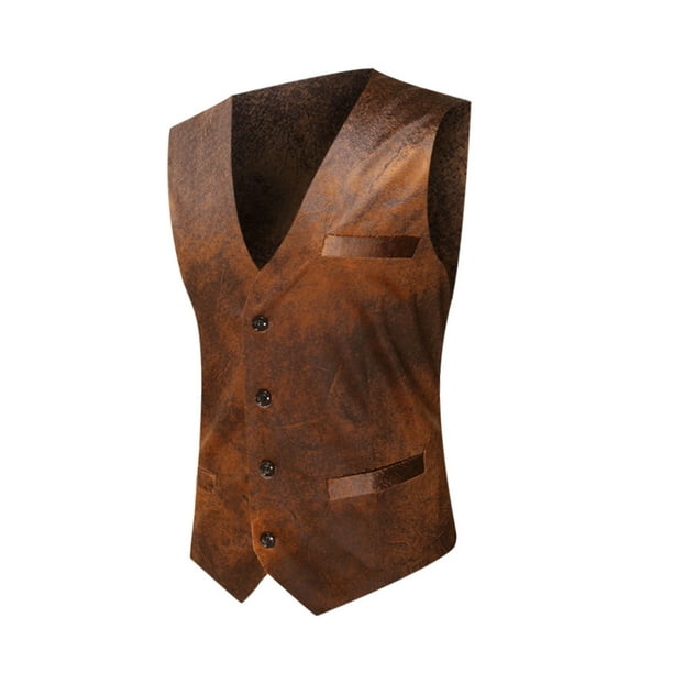 Mens Wool Blend Herringbone Tweed Suede Leather Suit Vests Western