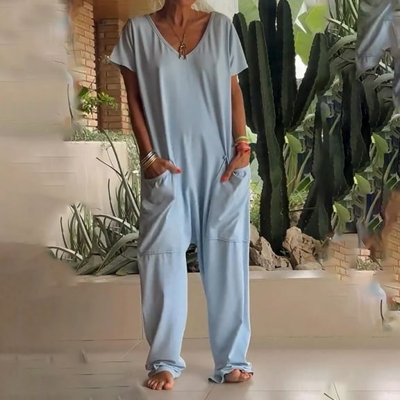 Up to 65% off SEMPAI Women's Summer Solid Color V-neck Short-sleeved Oversized Pocket Straight Pants Daily Casual Loose Low-grade Jumpsuit Pants Valentine's Day