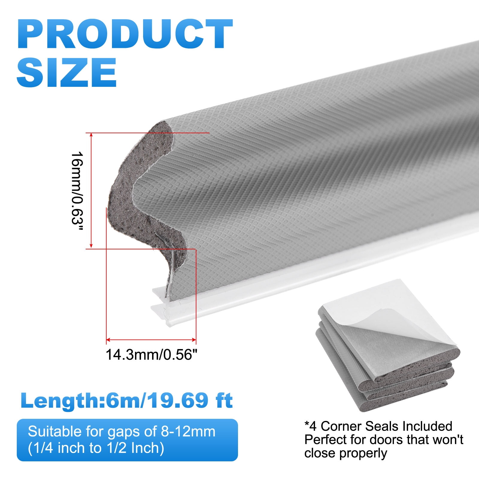 Uxcell Door Weather Stripping, 19.69 ft V-shaped Kerf Front Exterior Door Frame Weather Stripping with 4 Corner Seals for Soundproof Entry Interior Frame Window Gap Filler, Grey
