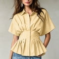 thumbnail image 2 of Women's Striped Blouse Peplum Hem Dressy Shirt Collared Short Sleeve Button Down Waist Fitted Business Casual Tops office Outfit Yellow, 2 of 5
