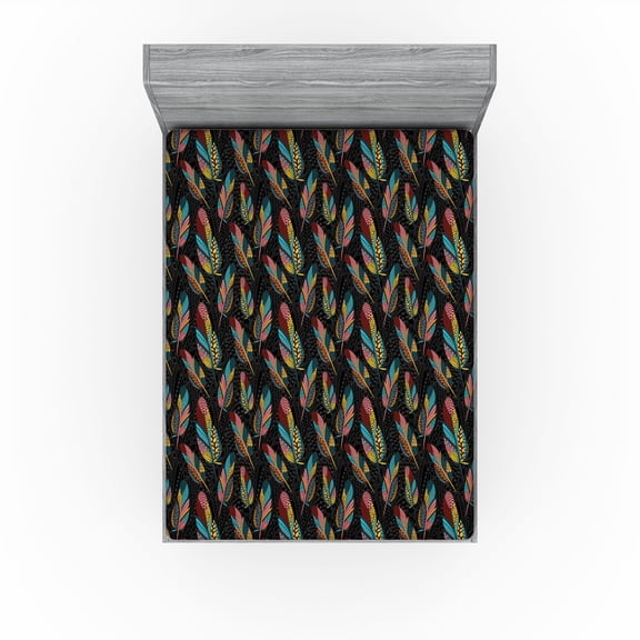 Ambesonne Bohemian Fitted Sheet, Feathers Dots Ethno Vibes, California King, Charcoal Grey Multicolor