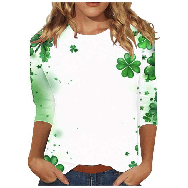 Diufon T-Shirts de la Saint-Patrick pour Femmes Décontractés Grande Taille Imprimé Trèfle Manches 3/4 Col Rond
