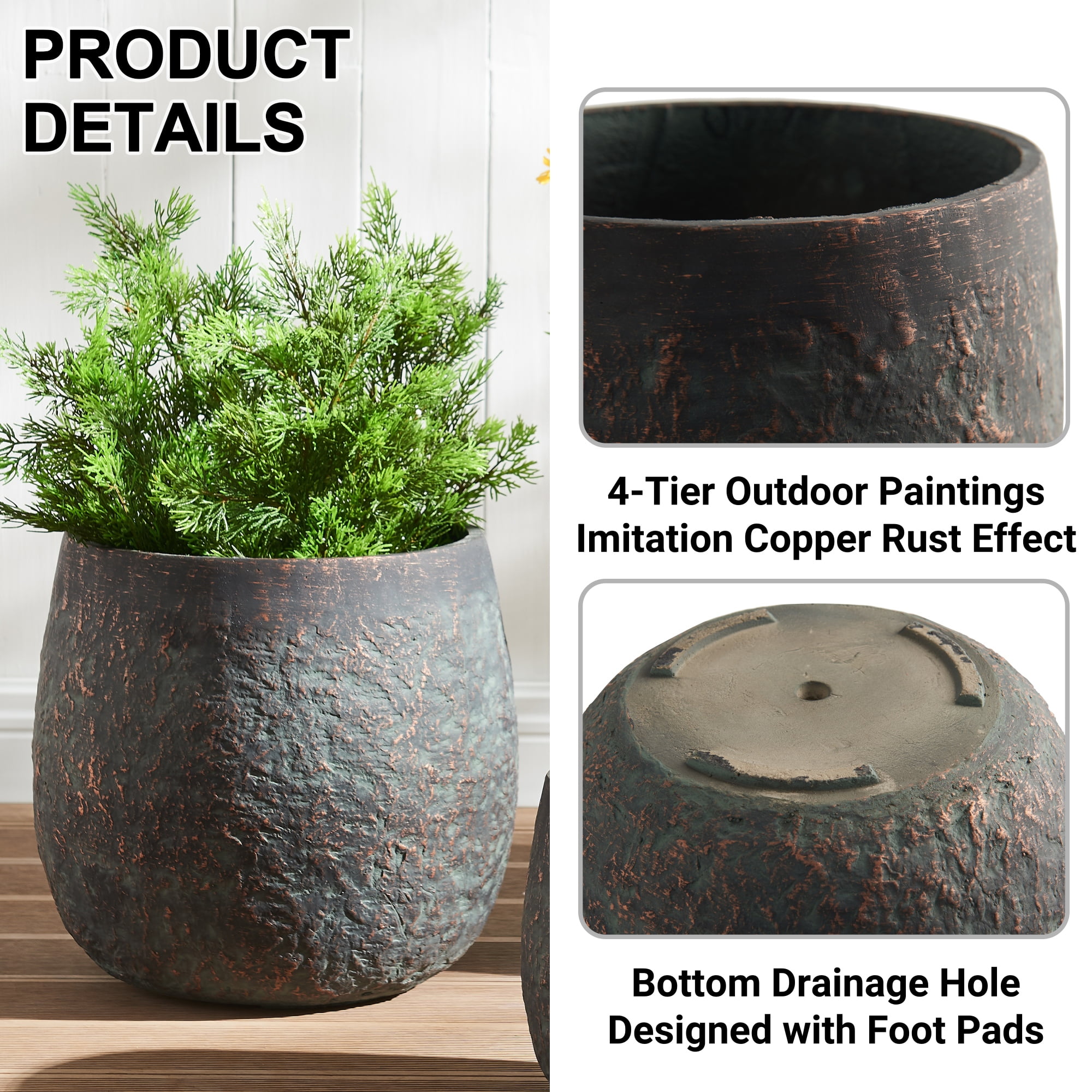 Wallowa 17.7"+13"+9.1" Dia Round Weathered Concrete Planter set of 3, Flower Pots with Drainage Holes for Indoor or Outdoor, Bronze Rust