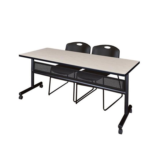 72" x 24" Flip Top Mobile Training Table w/ Divider- Maple & 2 Stack Chairs