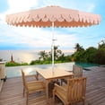thumbnail image 3 of JONATHAN Y Tracy 9 ft. Market Patio Umbrella, Classic Mid-Century Scalloped Fringe, with Auto-Tilt Crank, Wind Vent and UV Protection, Coral Pink/White, White Pole, 3 of 7