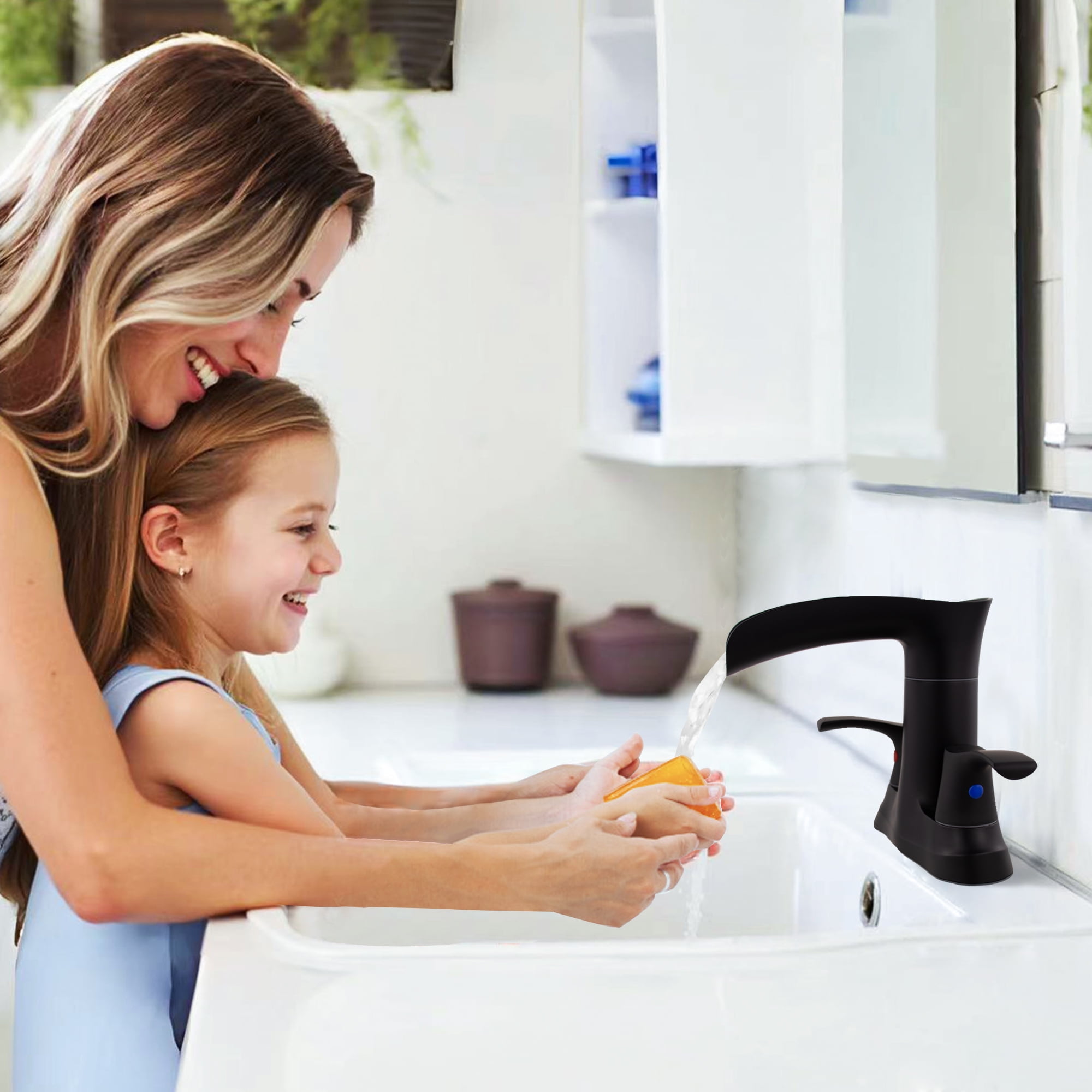 Sunrinx 4'' Centerset Bathroom Faucet 2-Handle Waterfall Faucet with 360° Swivel Spout, Matte Black, Lead-Free Plastic, Pop-Up Drain