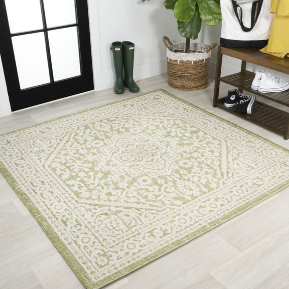 JONATHAN Y SANTA MONICA 5' Square Area Rug, Sinjuri Medallion Textured Weave - Green/Cream, SMB101E-5SQ