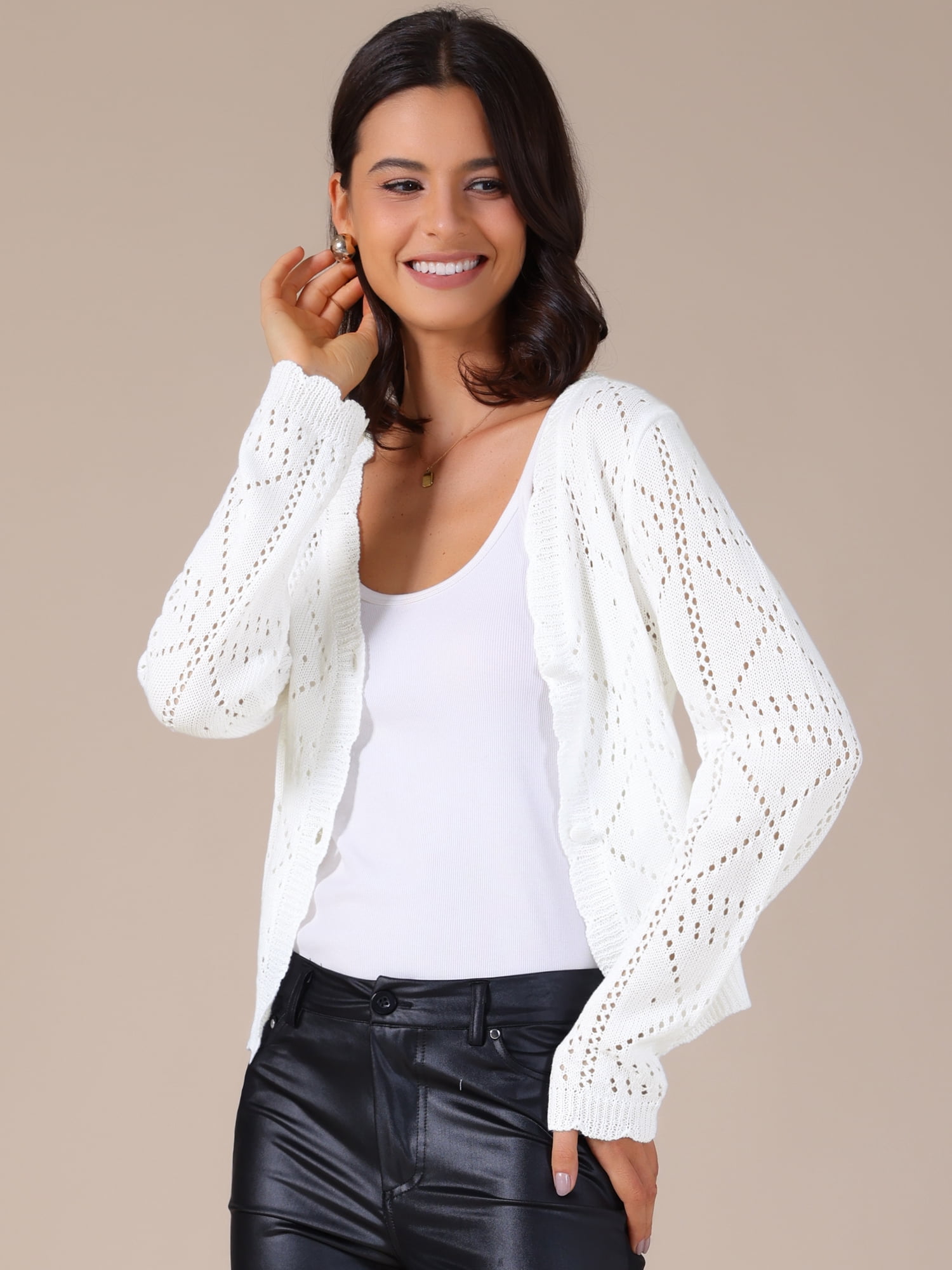 DARING DIVA Women's Long Sleeve Cropped Knit Button Up Crochet Cardigan S White
