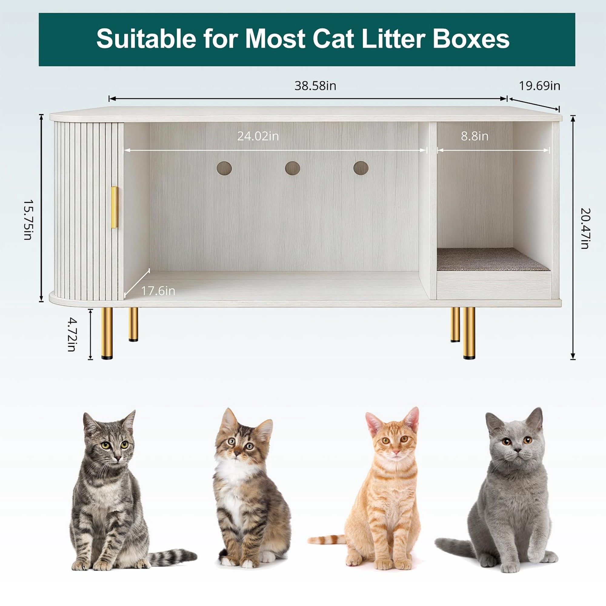 Cat Litter Box Enclosure Furniture with Sliding Door, Hidden Cat House Cabinet with Scratch Pad, Modern TV Stand Side Table, White