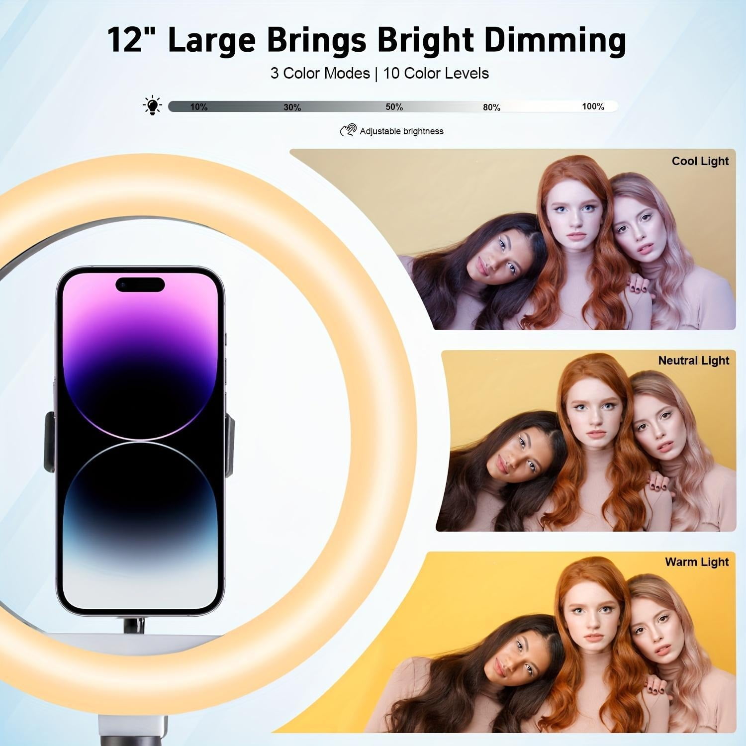 12" Big LED Ring Light with Adjustable 63" Tripod Stand - 3 Color Temperature Settings for Professional Video Lighting, ASMR Recording & Twitch Streaming Setup