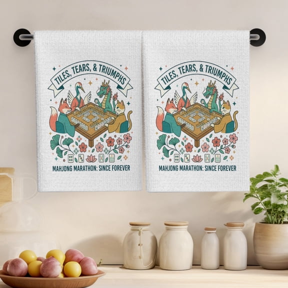 2 Pack Mahjong Themed Kitchen Towels, Cute Animal Playing Mahjong Dish Towels, Vintage Floral Decorative Hand Towels, Absorbent Machine Washable Tea Towels for Kitchen Home Decor