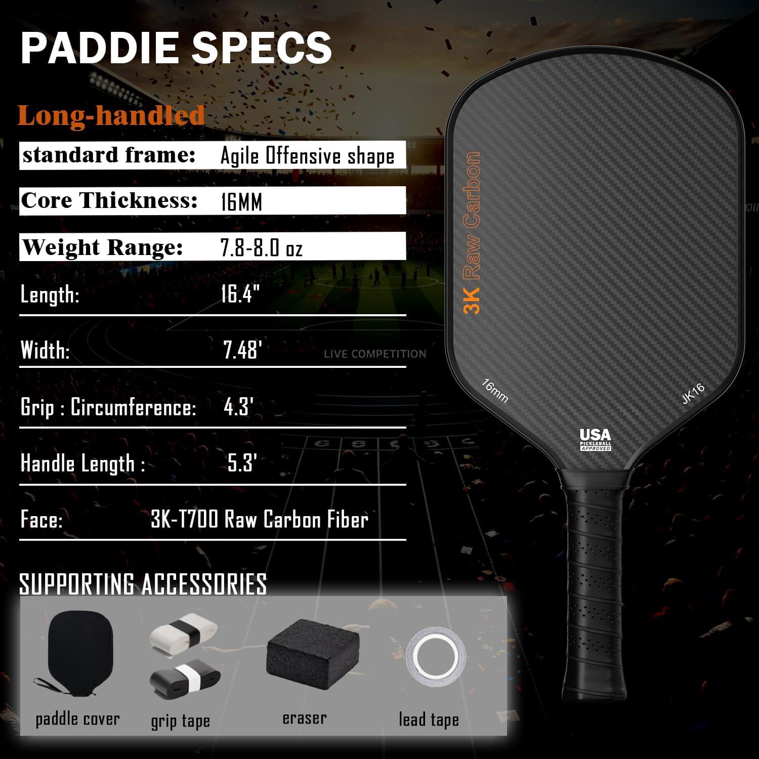 Professional Pickleball Paddles- T700 Carbon Fiber Pickle Racket- 3k Frosted Surface For Enhanced Spin And Friction - Usapa Approved Offensive Long Paddle Intermediate Advanced Players