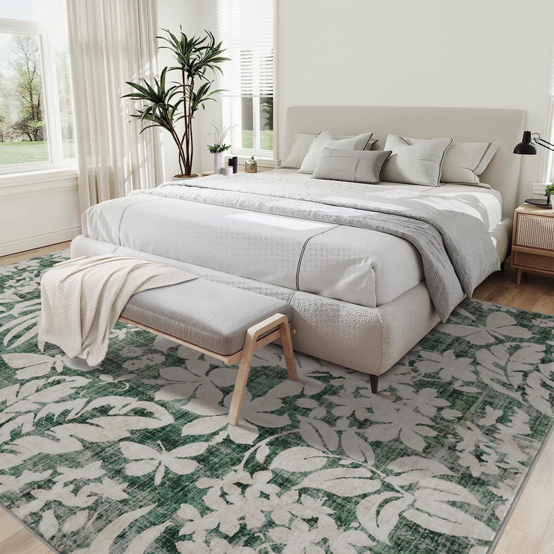 Washable 8x10 Area Rugs for Living Room Non-Slip Soft Modern Botanical Floral Rugs Accent Floor Carpet for Bedroom Dining Room Green