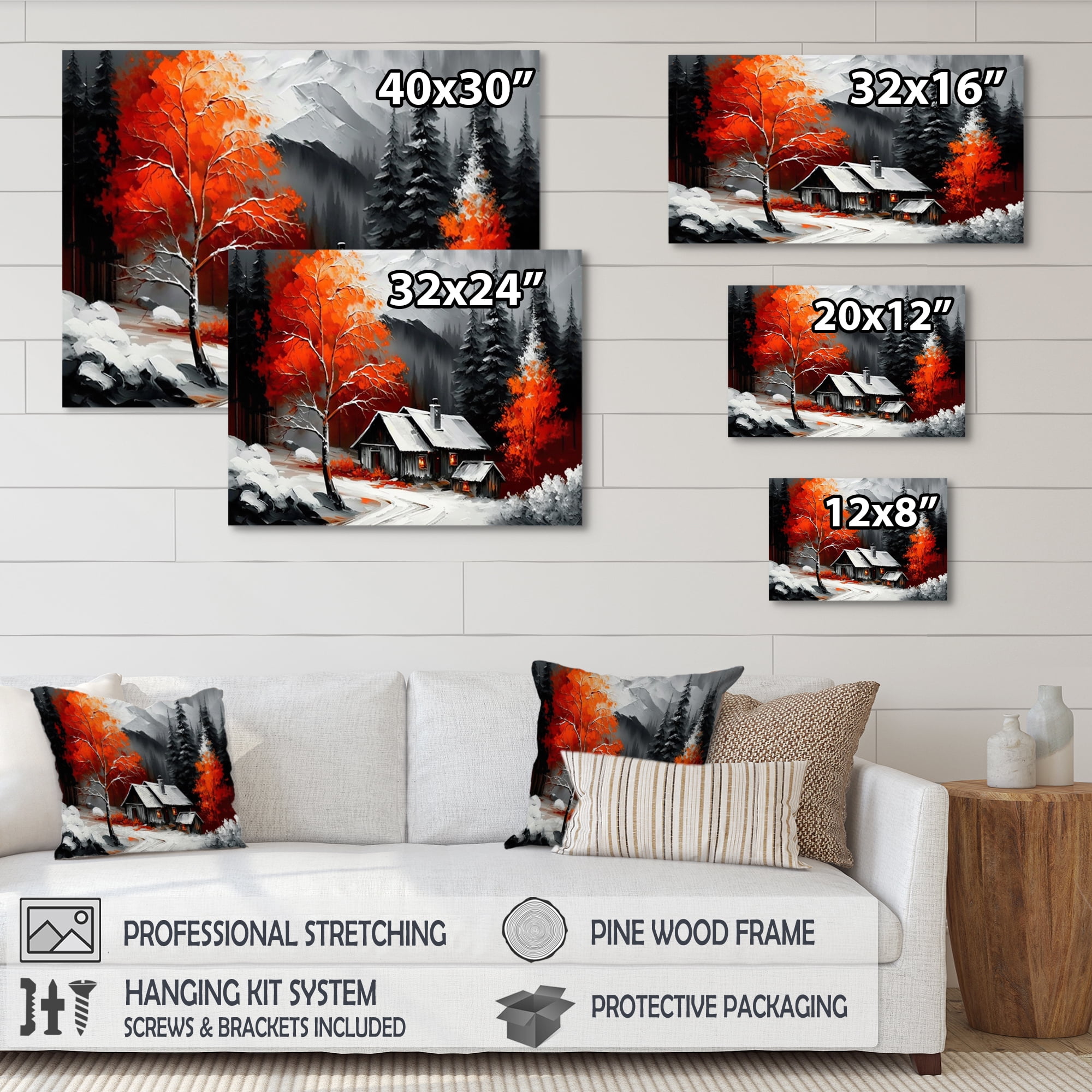 Designart Monochrome Orange Cottage In Winter VIII Canvas Wall Art