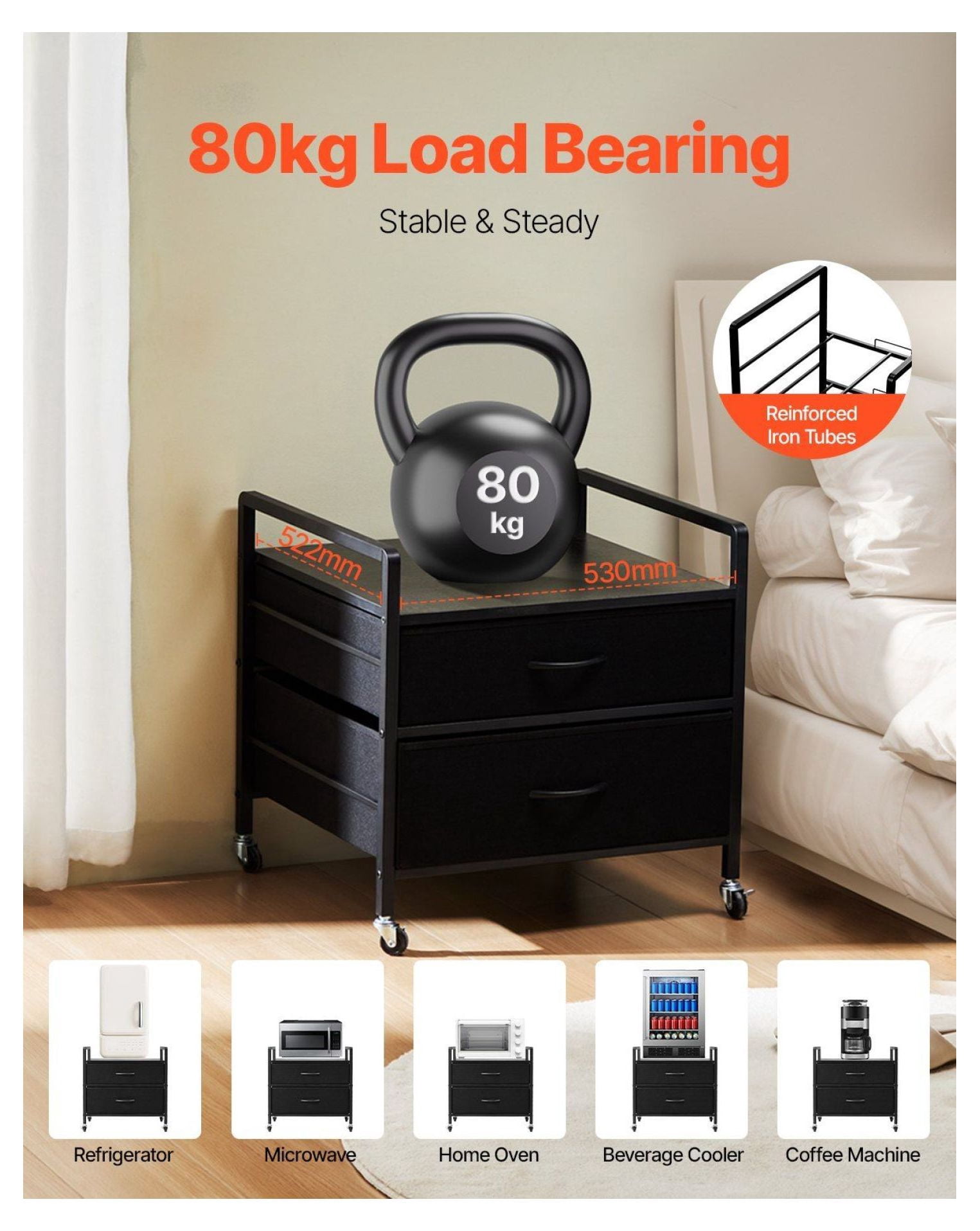 Mini Fridge Stand with Storage, 176 lb Capacity, 2 Drawers & Wheels - Black Organizer for Dorm, Apartment, Office - Mobile Mini Fridge Table