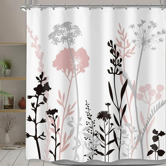 Pink Floral Shower Curtain Black Grey Silhouette Wildflower Rustic Boho Plant Vintage Botanical Leaves Aesthetic with Hooks Polyester Waterproof Toilet Accessories Decor 54"W x 78"L (Pack of 1)