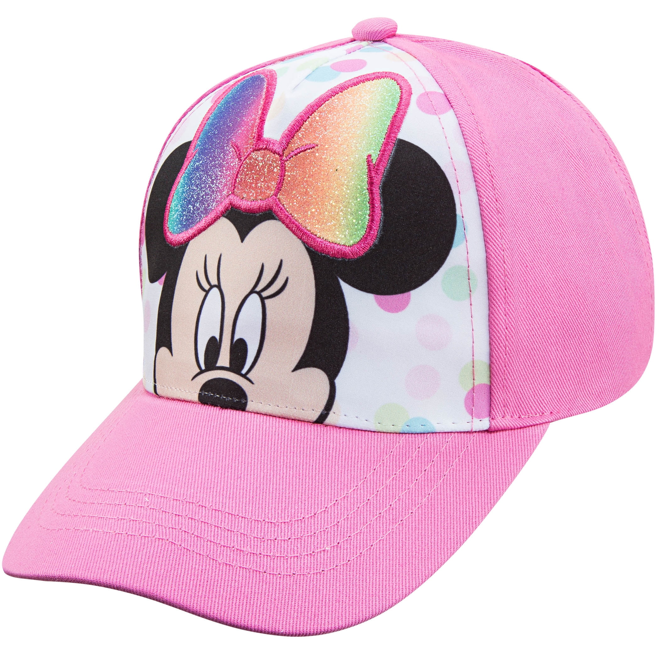 Disney Minnie Mouse Toddler Girls Pink Baseball Cap - Attached Rainbow Glitter Bow - Age 2-4