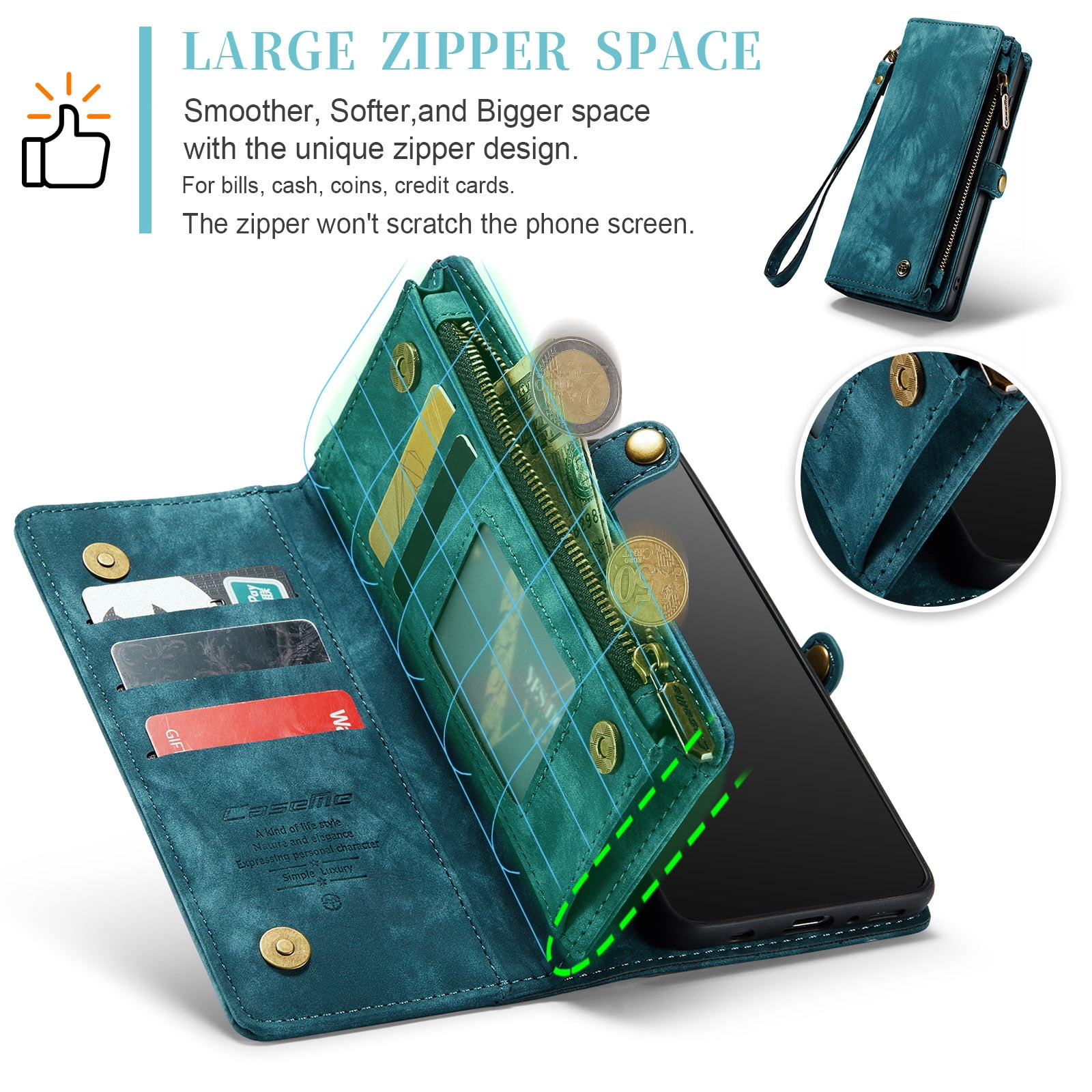 For Samsung Galaxy S10 Wallet Case,Multi-Functional Retro Leather Purse Flip Cover Zipper Wallet Case with Removable Card Slots Pocket & Detachable Wrist Strap Magnetic Phone Case, Green