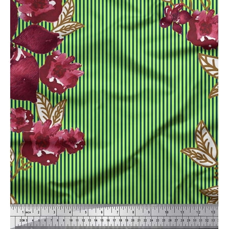 Soimoi Green Heavy Canvas Fabric Stripe & Chocolate Cosmos Floral Printed Fabric 1 Yard 58 Inch Wide