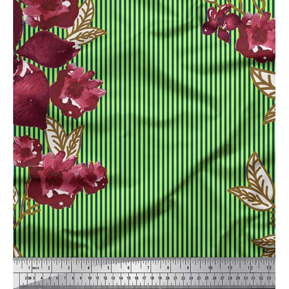 Soimoi Green polyester Crepe Fabric Stripe & Chocolate Cosmos Floral Printed Craft Fabric by the Yard 42 Inch Wide