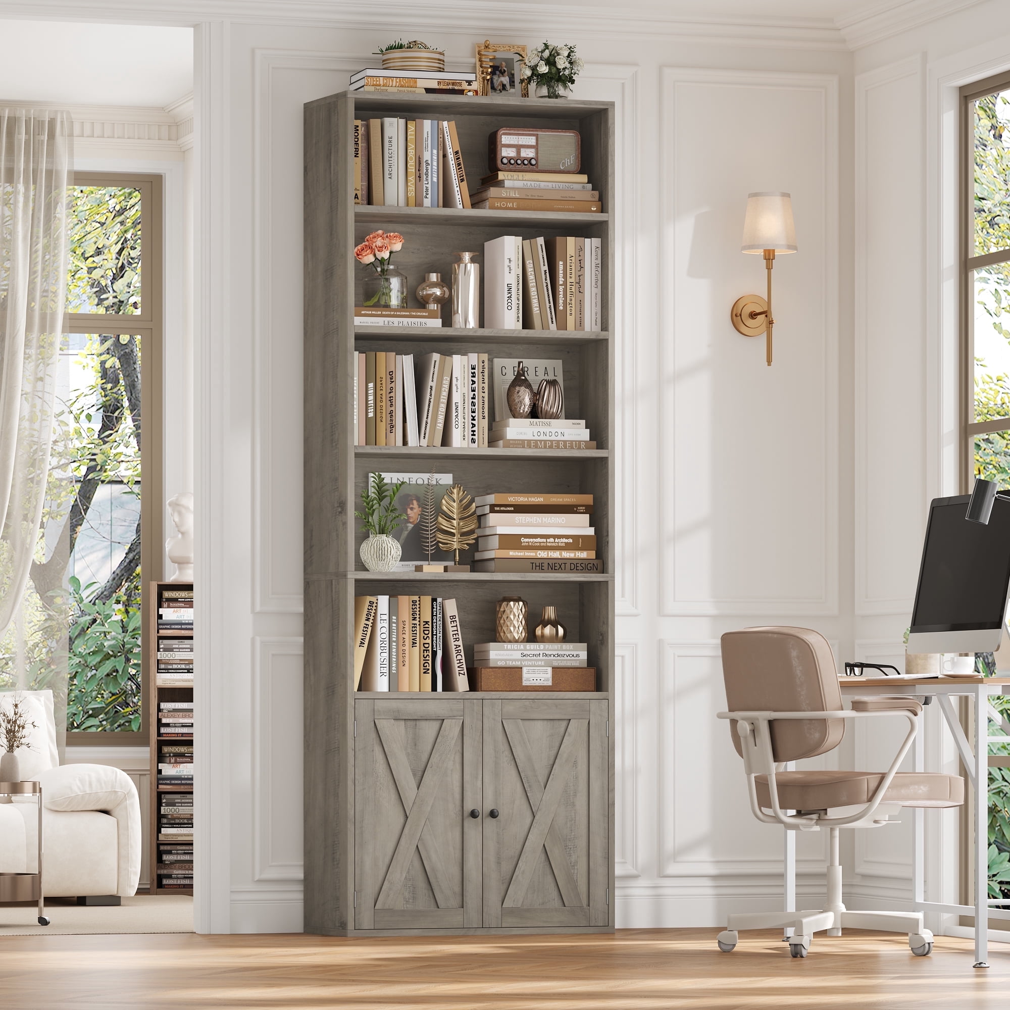 Hiphuta 81.5" Tall Bookcase with Doors, 5-Tier Bookshelves with Storage, 23.6"W Display Shelf with 2 Doors for Home Office, Living Room, Ash Grey
