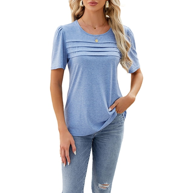 Bellella T-Shirts d'Été pour Femmes, T-shirt Uni à Col Rond, T-shirt Décontracté à Manches Courtes, Chandail à Enfiler, T-shirt pour Dames, Bleu, M