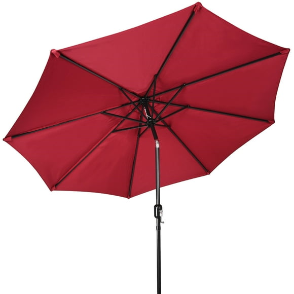Parapluie de Terrasse de 9x7.8ft avec l'Inclinaison et Manivelle, 8 Parapluies Centrés de Nervures Parasol de Marché Extérieur Parasol Parasol de Table d'Abri Solaire, Red