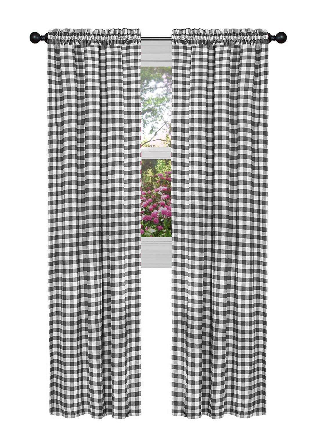 2 Pack Country Farmhouse Basic Plaid Checkered Window Curtains - Black/White, 95 in. Long