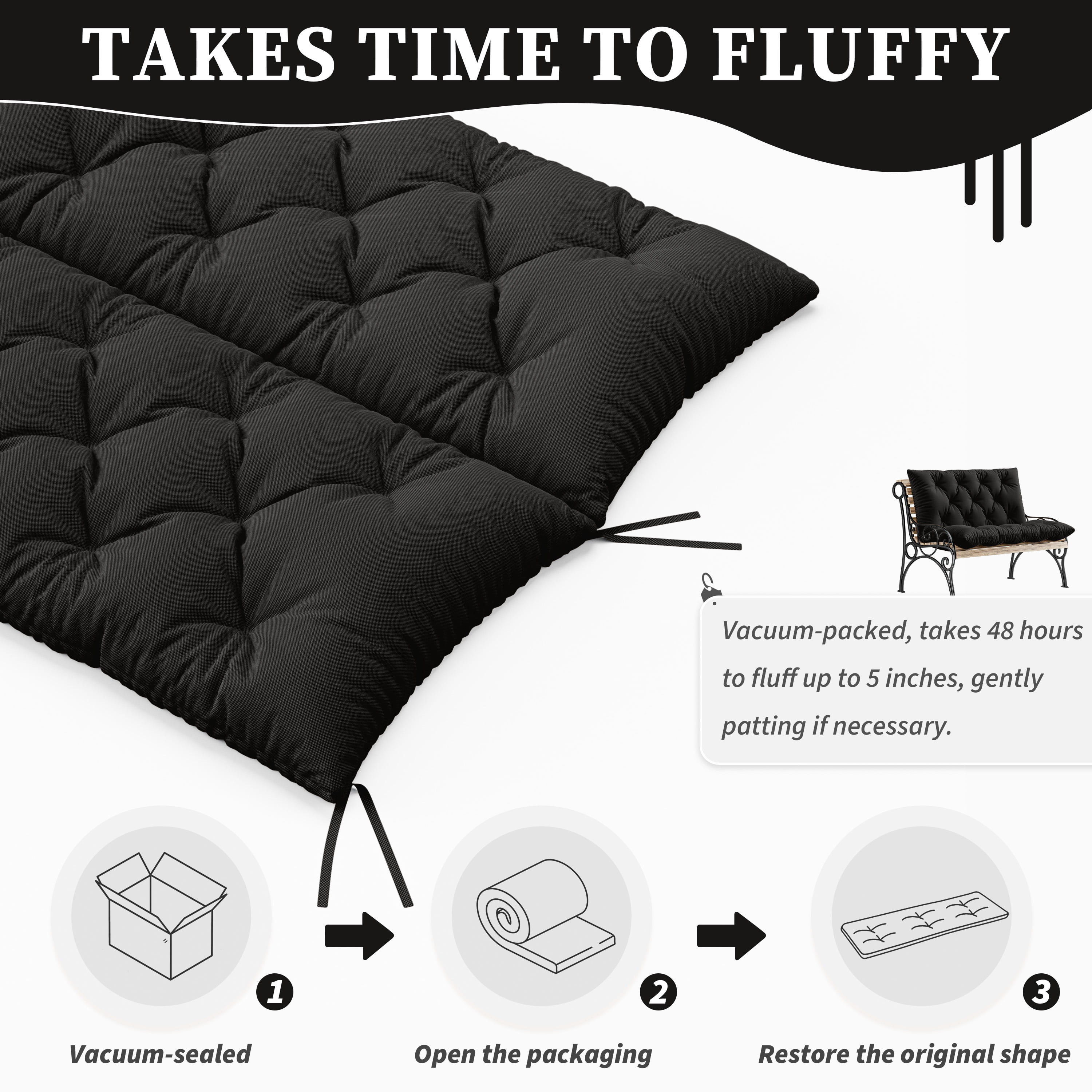 Snubbull Swing Replacement Cushion, Outside Bench Cushion with Backrest, 2 Seater Cushion with 6 Ties for Outdoor Furniture, 40 x 40 x 5 inches Porch SwingCushion Garden Bench, Black
