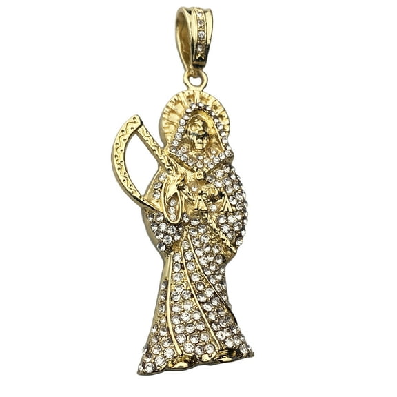 La Santa Muerte Pendant Iced Micro Pave Flooded Bling Grim Reaper 14K Gold Finish Hip Hop Charm Large 3.5"