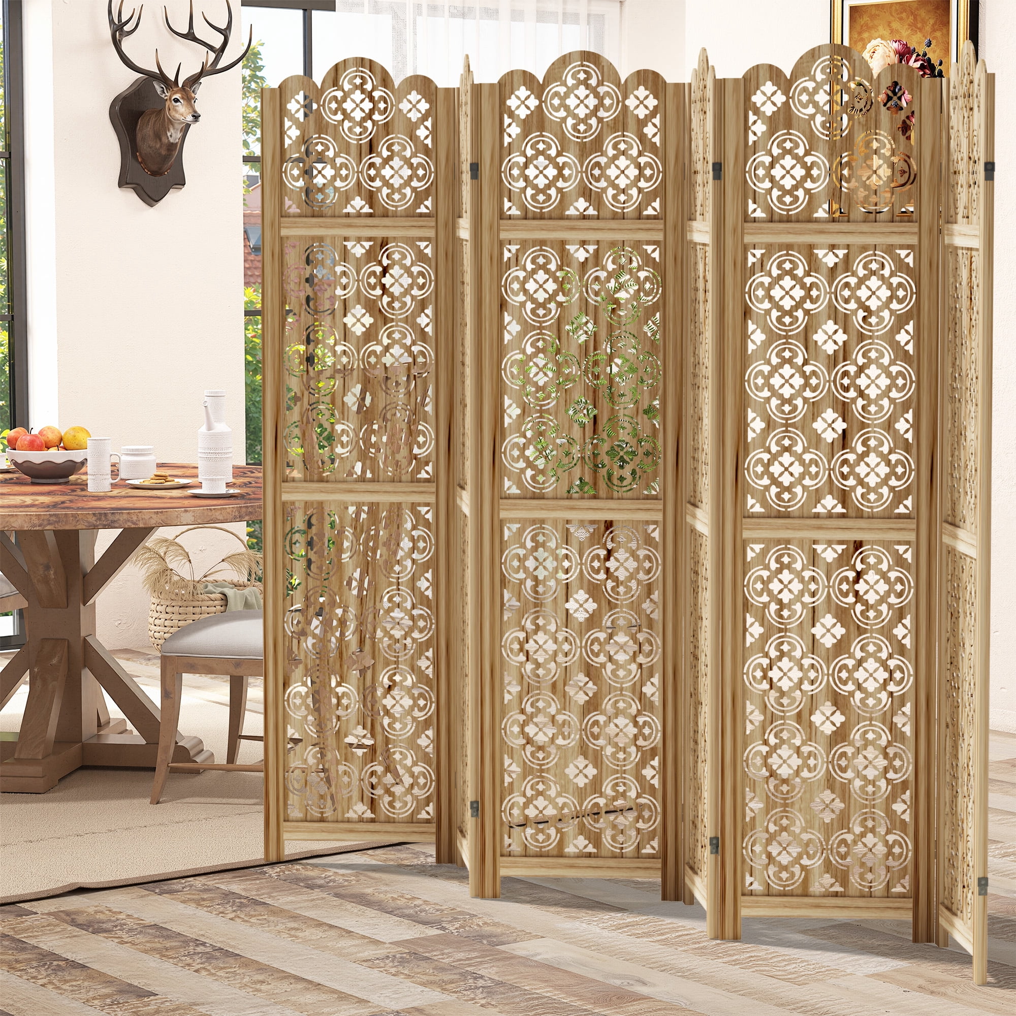 MAYEERTY 6-Piece 67×16" Natural Wood Privacy Panel Screen for Living Room, Coin Pattern