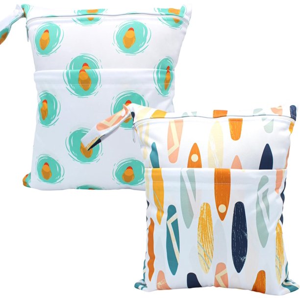 Wet Dry Bag Waterproof Reusable Wet Bag for Swimsuit, Travel, Beach, Pool, Bathing, Diapers, Dirty Yoga Gym Clothes Toiletries Daycare Organizer with Two Zippered Pockets (green leaf)