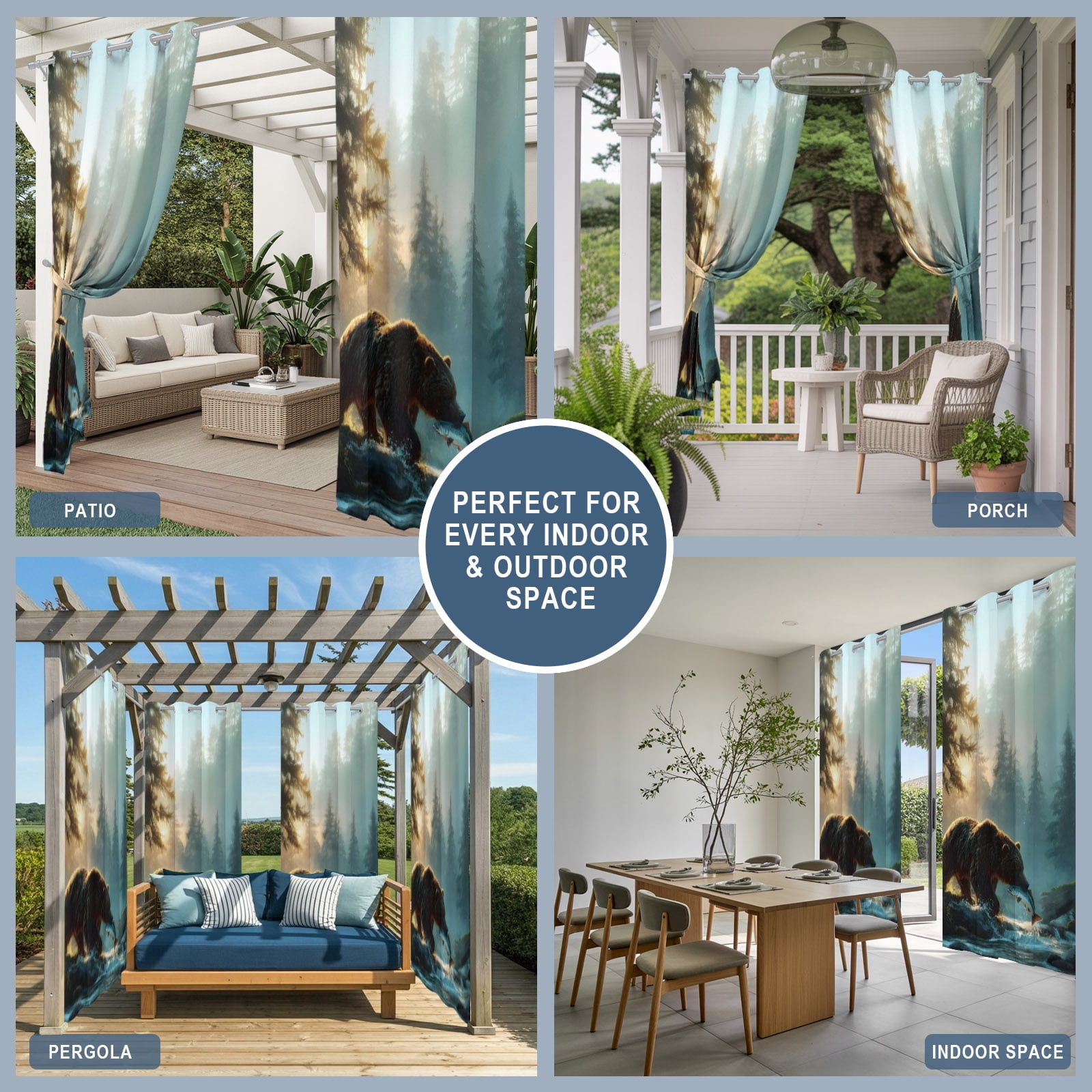 Bear Fishing Outdoor Curtains for Patio, Forest Stream Animals Sunshade Privacy Drapes Grommet Waterproof Outside Curtains for Porch/Cabana/Balcony 54"x 108", 1 Panel