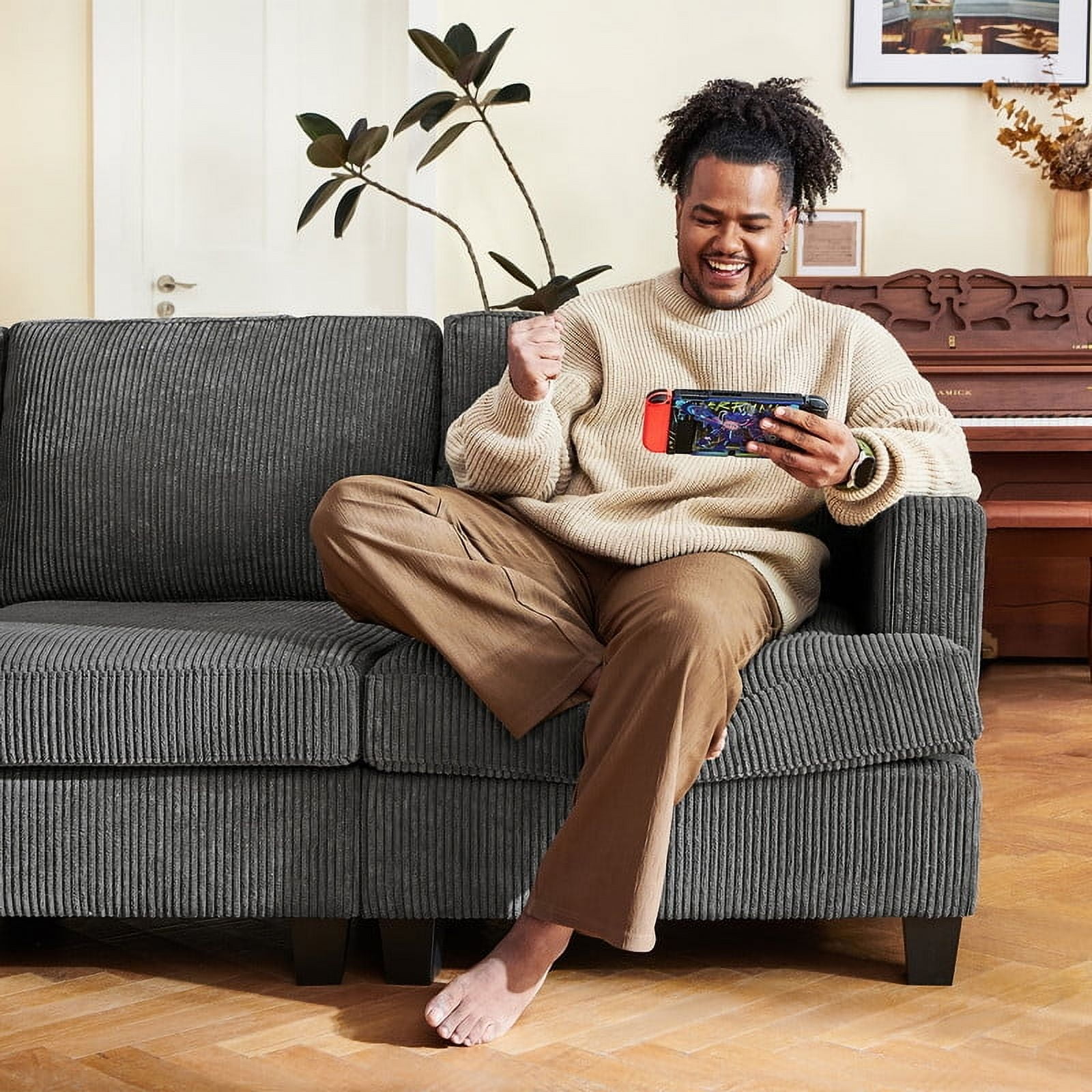 Honbay Modular Sectional Sleeper Sofa Bed Corduroy Convertible 6-Seater with Storage Chaises, Dark Grey