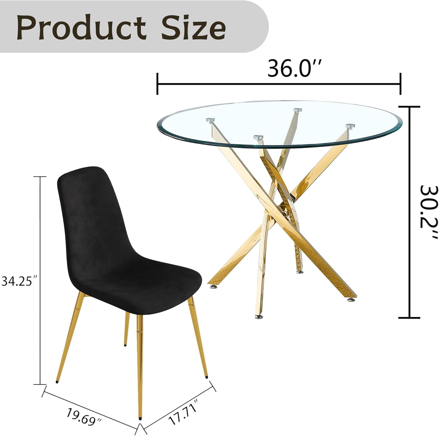 5-Piece 36" Round Glass Dining Set, Clear Tempered Glass Table & 4 Velvet Chairs with Stainless Steel Legs for Kitchen, Meeting Room