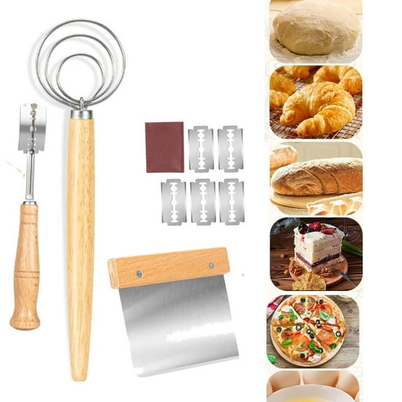 Danish Dough Whisk - Bread Whisk Set of 3 pieces, Bread Making Tools and Supplies,Danish Sourdough Whisks, Dutch Whisks for Dough, With Dough Scraper Sourdough Cutter, Lame Doughs Scoring Tool Blades