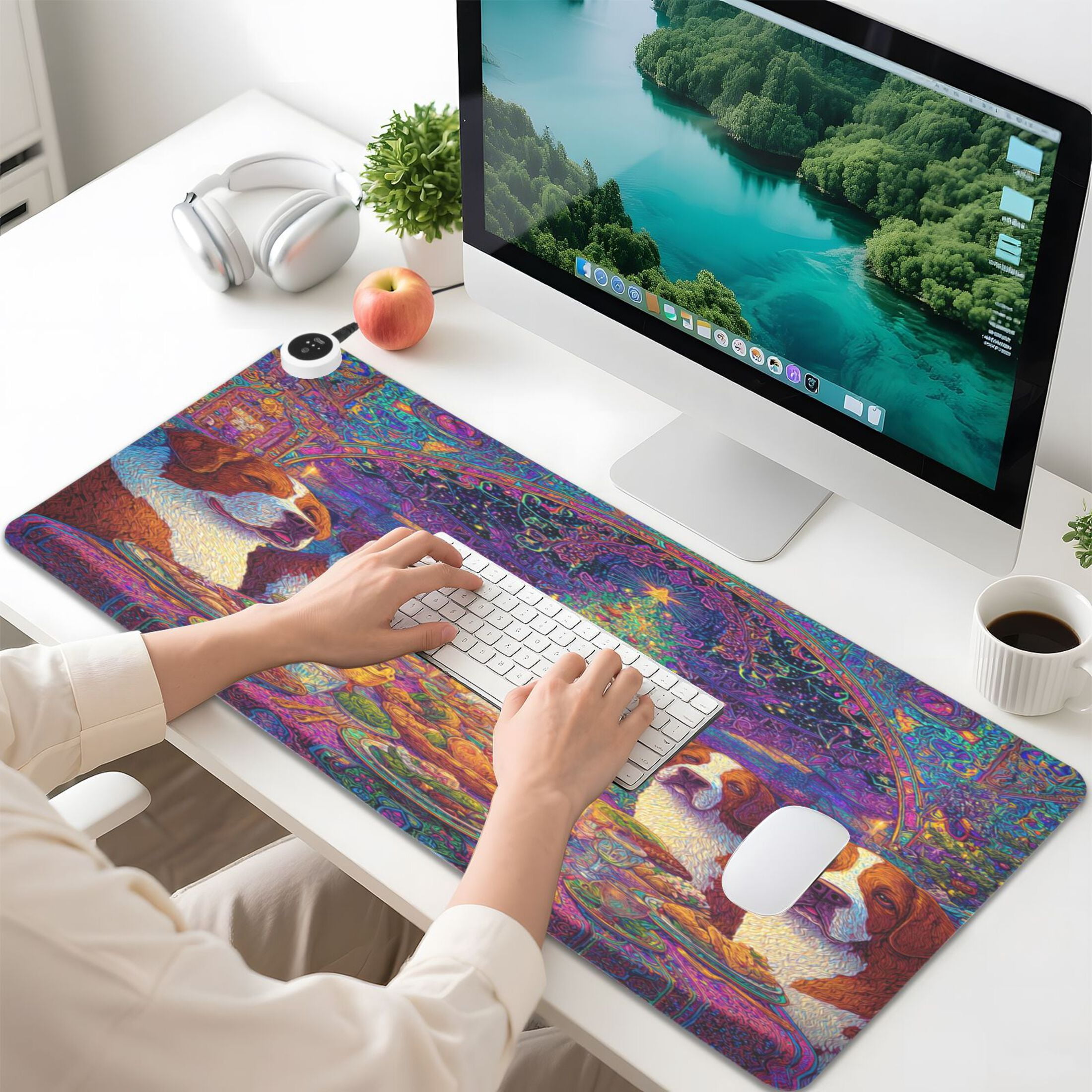 Large Heated Desk Mat Mouse Pad 31.5"x13"PU Leather Graphene Heating Desk Warmer with 3 Temperature Settings 110V US Plug Non-Slip Warm Pad for Home, Office, and Gaming Big Dogs Celebrating Christmas